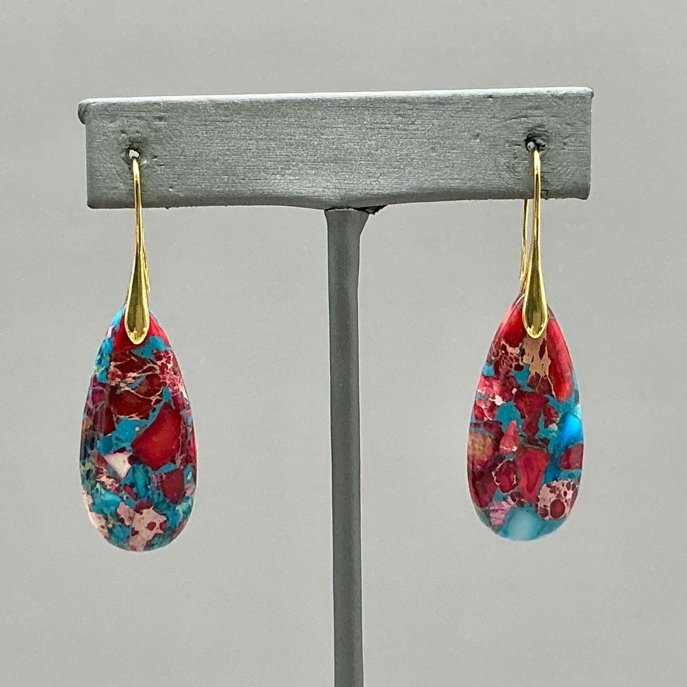 Teardrop Dangle Earrings Women Red Blue Mosaic Jasper Stone Gold Tone Hooks 2"